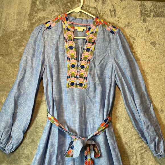 Boden Embroidered Midi Kaftan Chambray Dress Size 8 Blue 100% Linen - Picture 2 of 5